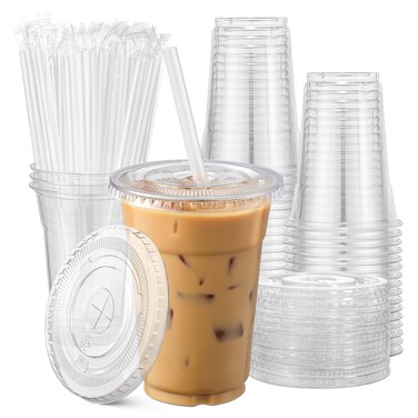 AOZITA 100 Pack, 16 Oz Plastic Cups With Lids and Straws, Iced Coffee Cups With Lids Disposable Clear Cups With Lids - for Iced Coffee, Smoothie, Milkshake and Cold Drinks