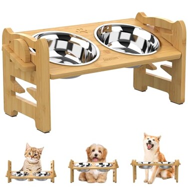 Jovrun Elevated Dog Bowls, Adjustable Raised Dog Bowls Stand for Small Size Dogs and Cats, Durable Bamboo Dog Feeder with 2 Stainless Steel Bowls and Non-Slip Feet, Dog Food Bowls for Small Dogs Cats
