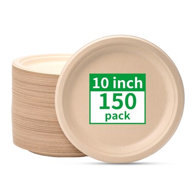 RACETOP Compostable Paper Plates 10 Inch [150 Pack], Disposable Biodegradable Heavy Duty Paper Plates, Made of Natural Sugarcane Fibers, Unbleached Brown, Round