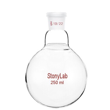 StonyLab Glass 250mL Heavy Wall Single Neck 1 Neck Round Bottom Flask RBF, with 19/22 Standard Taper Outer Joint - 250mL
