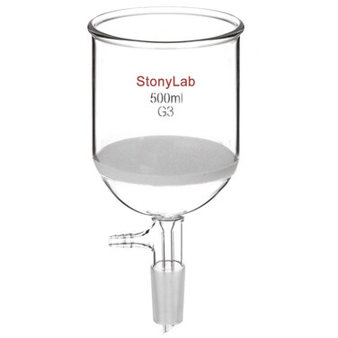 StonyLab Borosilicate Glass Buchner Filtering Funnel with Fine Frit(G3), 94mm Inner Diameter, 100mm Depth, with 24/40 Standard Taper Inner Joint and Vacuum Serrated Tubulation, 500ml