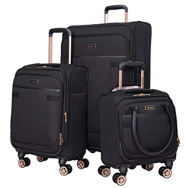 kensie Hudson Softside Spinner Luggage, Black with Rose Gold, 3-Piece Set (16/20/28)