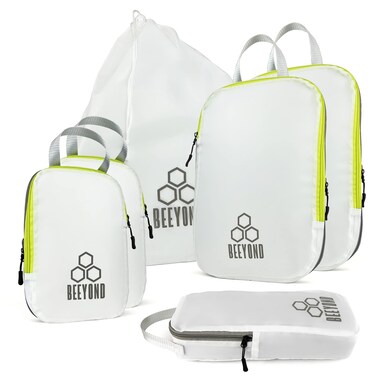 Beeyond Compression Packing Cubes Set - 6 Pieces for Travel and Luggage Organization, Includes Large &amp; Small Cubes, Accessories Bag, and Laundry Bag (Green and White)