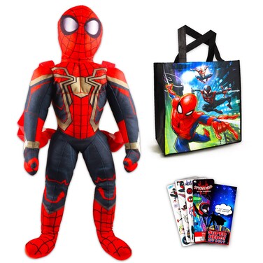 Marvel Spiderman Plush Doll and Avengers Tote Bag Set - Bundle with 20" Spiderman Plush Doll with Adjustable Straps Plus One Kawaii Avengers Tote, Stickers, and More (Spiderman Gifts)