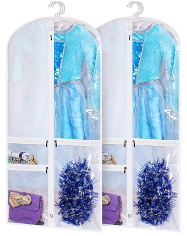 Kimbora Costume Dance Garment Bag with 3 Clear Zipper Pockets for Suits Dress Cover, Travel &amp; Competitions Protector, Set of 2