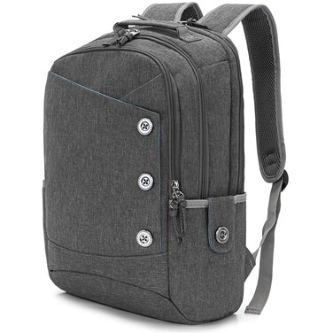 KINGSLONG 15.6 inch Grey Laptop Backpack for Men Women, Stylish Buttons Decor Daypack with USB Charging Port, Water Resistant Computer Bag Notebook Bag Suitable for College Travel Work Gifts