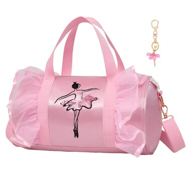 Dorlubel Cute Ballet Dance Bag Gym Travel Duffle Bag for Girls Tutu Dress Bag with Key Chain for Girls (Pink2 of Long Mesh)