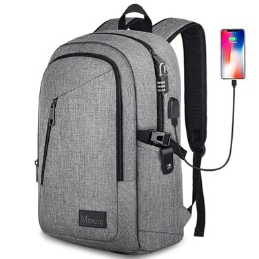 Mancro Laptop Backpack for Travel, Anti-theft Laptop Backpack for Men Business Backpack Work Daypack with USB Charging Port &amp; Lock, Water Resistant Travel Computer Bag Daypack, Grey