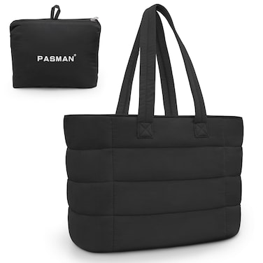 PASMAN Tote Bag for Women, Lightweight Puffy Foldable Tote Bag With Zipper,Quilted Shoulder Bag Handbag for Travel, Work (Black)