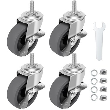 WHARSTM Caster Wheels, 3" Locking Swivel Stem Casters Set with Brake of 4, 3/8"-16 x 1" (Screw Diameter 3/8", Length 1")Rubber Casters with 360 Degree No Noise Wheels