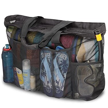 GOTDYA XL Mesh Totes and Beach Bags, Extra Large Duffle With Zipper and Pockets, Oversized for Towels, Toys, Ideal for Family Beach/Pool Trips, Black