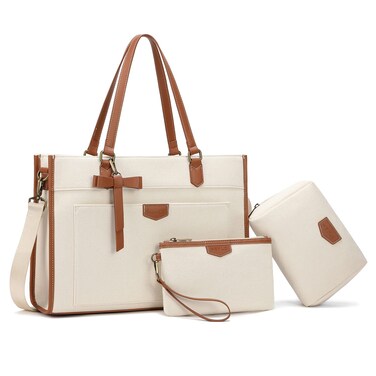 Keyli Laptop Tote Bag Canvas Laptop Bag for Women 15.6 inch Casual Work Shoulder Bags Large Capacity Professional Business Office Computer Bag Briefcase Handbag Purses for Travel, Office, School Brown