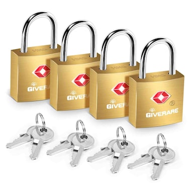 4 Pack TSA Approved Travel Luggage Locks with Keys, Solid Brass Copper Keyed Padlock, Small Locks for Suitcase, Backpack, Gym Locker, Jewelry Box, Gold-by GIVERARE