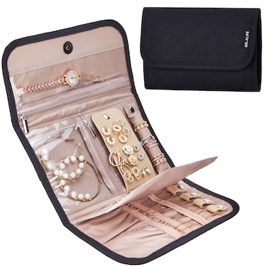 BELALIFE Travel Jewelry Case Organizer, Foldable Storage Roll for Earrings, Necklaces, Rings, Bracelets, Brooches, Black