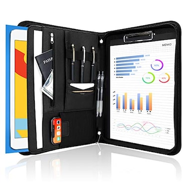 ProCase Portfolio Business Padfolio Folder with Zipper, Conference Meeting Executive File Legal Document Organizer with Pockets Letter Size A4 Writing Pad Notepad Padfolio for Father's Day Gift -Black