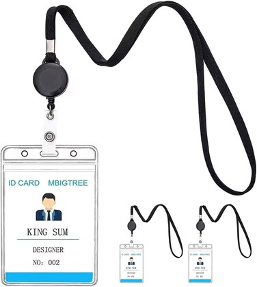 KINGSUM 3 Pack Lanyard with ID Holder Sets - Flat ID Lanyard with Retractable Badge Reel &amp; Heavy Duty Clear Vertical ID Card Name Badge Holder (Black,3 Pack)