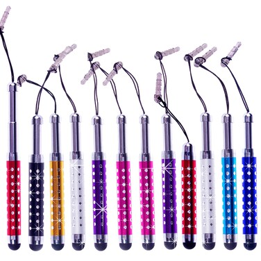 ECO-FUSED Stylus Pen Bundle - 12 Adjustable Bling Stylus Pens- with 3.5mm Jack Connector- for All Capacitive Touchscreen Devices - iPad, iPhone, Samsung Phones, All Android Phones, Tablets and More