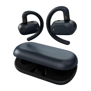 Creative Outlier Go Wireless Open-Ear Headphones with an Adjustable Fit and Ear Hooks, Up to 26 Hours Total Playtime, Dual Microphones, Bluetooth 5.4, IPX4 Water Resistant (Dark Blue)