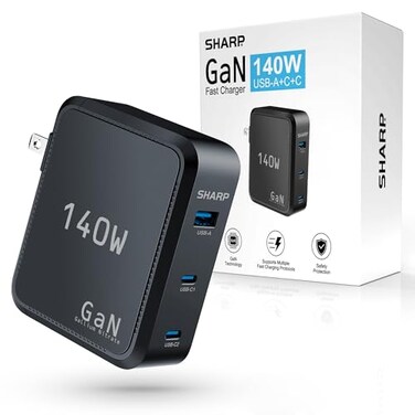 Sharp 140W USB C Charger, Compact Foldable GaN Fast Charge 3-Port (2 USB-C, 1 USB-A), Compact Foldable Wall Charger for MacBook Pro/Air, iPad Pro, iPhone 15/Pro, Galaxy S22/S21, Dell XPS, Black