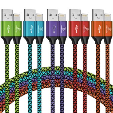 iPhone Charger 5 Pack 10 ft USB Lightning Cable Apple Mfi Certified Cable Fast Charging Cord Nylon Braided Compatible with iPhone 14 13 12 11 XS XR X Pro Max 8 7 6 6S 6 Plus Mini 5S SE Plus iPad