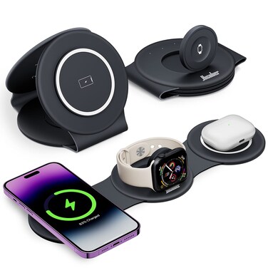 3 in 1 Charging Station for Apple Multiple Devices, Foldable Travel Wireless Charger 18W for iPhone 16 15 14 13 Pro Max Plus &amp;Apple Watch Series/Airpods