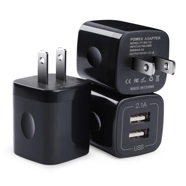 Black USB Wall Adapter, Charging Block, 3Pack Dual Port 2.1A Fast Wall Charger Brick Base Cube USB Plug Outlet Phone Charger Box for iPhone 16 Pro 15 14 13 12 11 XS Max XR X 8 7 6, iPad, Samsung, LG
