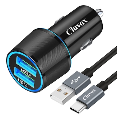 Fast USB Car Charger for Samsung Galaxy A55/A54/A53/A50/A15/A14/S25/S24/S23/S22/S21 Plus/Ultra/S10/S9/S8/Note 20/A10S/A21/A31/A51 Quick Charge 3.0 Dual USB Rapid Car Charger with Type C Cable 3.3ft