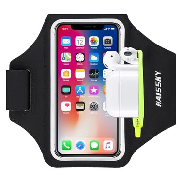 Running Armband with Earphone Bag Cell Phone Armband for iPhone 16 15 Pro 14 Plus 13 11 XR XS, Galaxy S24/S10 Water Resistant Sports Phone Holder Case &amp; Zipper Slot Car Key Holder for 6.7 inch Phone