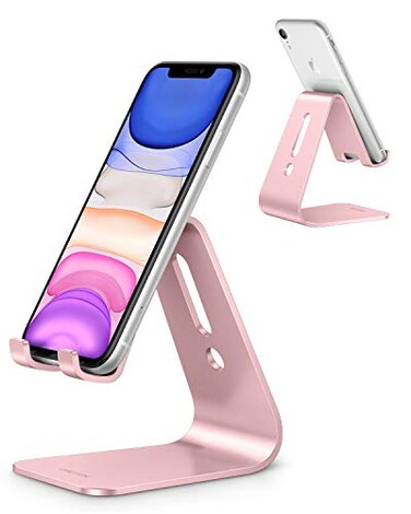 OMOTON Upgraded Aluminum Cell Phone Stand for Desk, C1 Durable Cellphone Dock with Protective Pads, Smart Stand Designed for iPhone16, 15/14/13/12 Pro Max XR XS, iPad Mini, Android Phones,Rose Gold