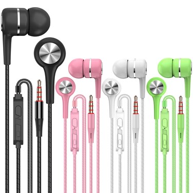 YNR 4 Pairs Wired Earbuds with Microphone &amp; Volume Control, in Ear Earphones for School, Noise Islating High Definition, for 3.5mm Jack iPhone iPad iPod Samsung Google Devices (A12-4)