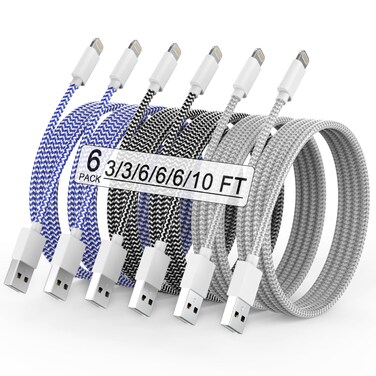 iPhone Charger 6Pack(3/3/6/6/6/10FT) Apple MFi Certified Fast Charging Lightning Cable iPhone Charger Cord Nylon Braided for iPhone 14 13/12/11 Pro Max/XS MAX/XR/XS/X/8/7/Plus/6S iPad and More