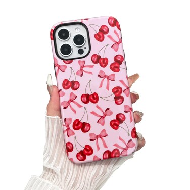 branple Compatible with iPhone 15 Pro Max Case,Cute Pink Cherry Bow Case with Shockproof Slim Soft TPU and Hard PC Protective Cases for Women Designed for iPhone 15 Pro Max Case (Glossy)