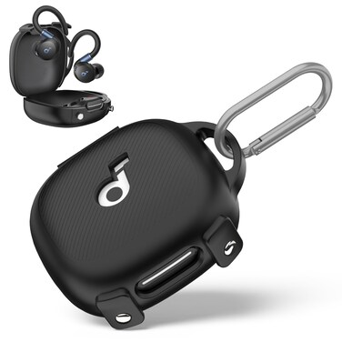 WADVCU for[Secure Lock] Soundcore Sport X20 Case Cover, Soft Silicone Protective Scratch Resistant Logo Visible Design Cover for Soundcore Sport X20 by Anker Charging Case with Carabiner-Black