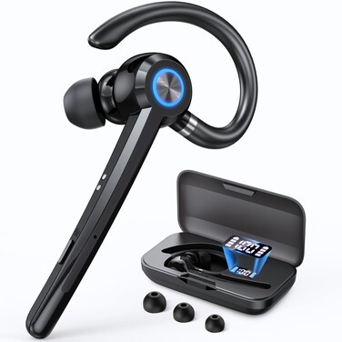 PRTRFLC Bluetooth Headset with Microphone,V5.4 Bluetooth Earpiece with Charing Case 150H Standby Time Hands Free Headset with Noise Canceling for Work Business Office Trucker(Black)