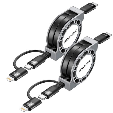 UZAHSK 2 in 1 Retractable USB C to USB C/Lightning Charger Cable,[2Pack 4ft] USB C to Type-C[60W]+Lightning Fast Charging Cord for Phone16/15/14/13/12 Pro Max/Plus/Mini/iPad/Samsung/Tablets/More