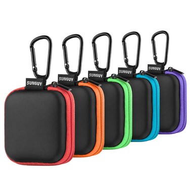 SUNGUY [5-Pack] Earbud Case, Portable EVA Small Earbuds Carrying Case Storage Bag Organizer with Carabiners for Earphones, Earbuds, Earpieces, SD Memory Card, Camera Chips