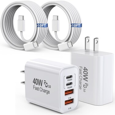 10FT iPhone 16 15 Pro Charger,2Pack 10Foot USB C to C Woven Cable Cord 40W USB C Apple Charger 4 Port PD&amp;AC Charger Block Fast Charging for iPhone 16/16 Pro/16 Pro Max/16 Plus/15/15 Pro/15Pro Max/iPad