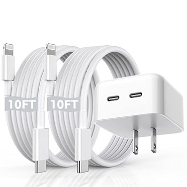 iPhone Fast Charger, 40W Dual USB-C Quick Wall Charger 10FT Charging 2pack 10FT Extra Long Lightning Cable+Double Port Foldable USBC iPhone Charger Fast Charging for iPhone 14/13/12/11/XR/XS/SE/iPad