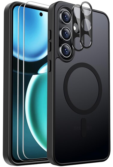 Ezanmull for Samsung Galaxy S24 FE Case Magnetic Shockproof, [Fit for MagSafe] [Glass Screen Protector + Camera Lens Protector] Translucent Anti-Fingerprint Case for Samsung Galaxy S24 FE (Black)