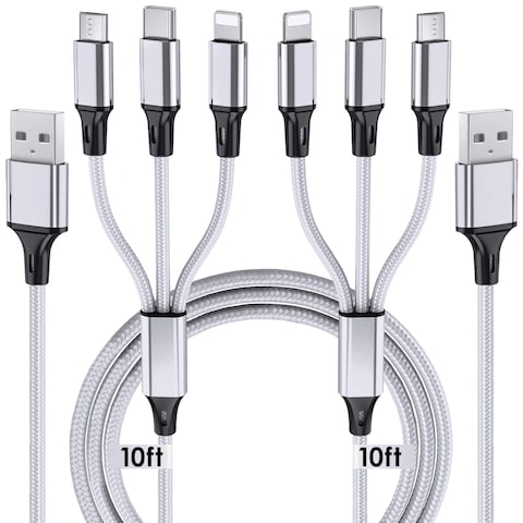 Multi Charging Cable, 10ft 2Pack Multi Phone Charger Cable Braided Universal 3 in 1 Charging Cord Extra Long Multiple USB Cable with USB C, Micro USB Port Connectors for Cell Phones and More
