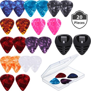 Guitar Picks &amp; Guitar Picks Holder, 2 Black Stick-on Holders, 20 Pieces Guitar Picks, 1 Storage Case, Easy to Paste Suitable for Guitar/Electric Guitar/Bass/Ukulele (Colorful Celluloid Guitar Picks)