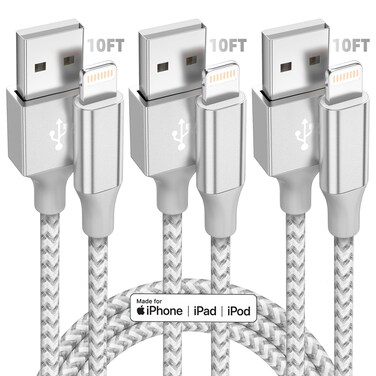 iPhone Charger [Apple MFi Certified] 3pack 10FT Long Lightning Cable Fast Charging High Speed Data Sync USB Cable Compatible iPhone 13/12/11 Pro Max/XS MAX/XR/XS/X/8/7/Plus/6S (Grey White)