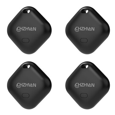 CHZHVAN Key Finder, Wallet Tracker Works with Apple Find My (iOS only), Replaceable Battery, Water-Resistant, Bluetooth Item Finder for Bags, Luggage, Pets &amp; Backpack, 4 Pack Black