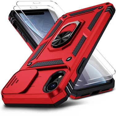 Muntinfe for iPhone XR Case, iPhone XR Phone Case with 2X HD Screen Protector + Slide Camera Cover,[Military Grade] 16ft. Drop Tested Protective Case with Magnetic Ring Kickstand, Red