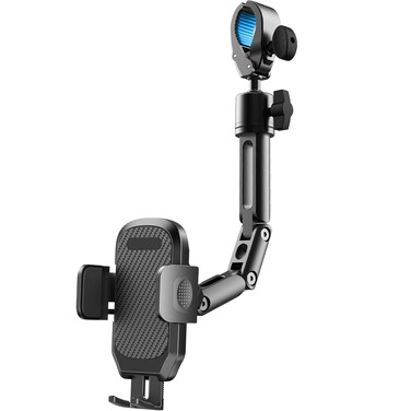 Quyee Phone Holder Car, Rear View Mirror Phone Holder - Aluminum Alloy Mount Multi-Angle Adjustment Rotatable and Retractable Compatible with All 4-7 Inch iPhone and Android Cell Phones