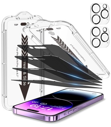 EZ-GLAZ-4 Pack for iPhone 14 Pro Max Privacy Screen Protector[6.7 inches] With 2 Pack Camera Lens Protector, [Drop Protection] 9H Hardness Scratch Resistant Tempered Glass Film, Easy to install
