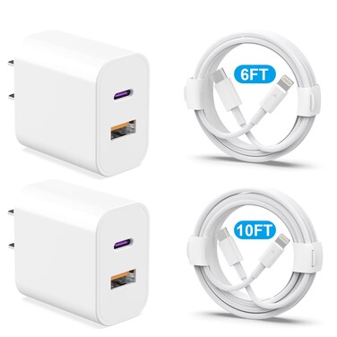 Phone Charger 2 Pack 20W Dual Port QC + PD 3.0 Power Adapter Fast Wall Charger Block with 6FT&amp;10FT Super Fast Charger Cable for iPhone 14 13 12 11 Pro Max XR XS X,iPad More