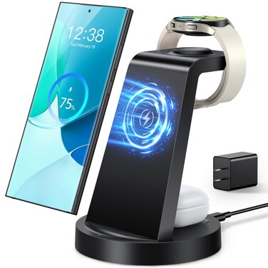 Wireless Charger for Samsung: 3 in 1 Wireless Charging Station for Samsung Galaxy Watch 7 6 5 4 3 Pro Classic Galaxy Buds - Charger Dock Stand for S25 S24 Ultra S23 S22 S21 Note Z Fold Android