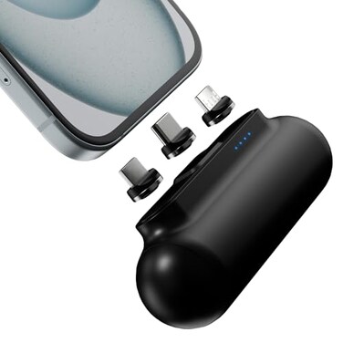 Statik Snap-N-Charge Mini Portable Charger for iPhone, Magnetic Power Bank, 3,000mAH 10W Battery Pack, 3-in 1 Magnet Tips USB C, Micro USB and iProduct, Sleek Black Compact Powerbank