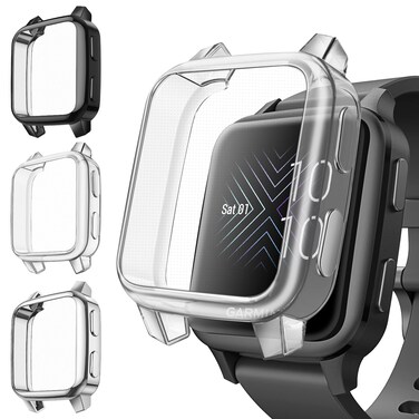 Fintie 3 Packs Screen Protector Case Compatible with Garmin Venu Sq 2 / Sq 2 Music, Soft TPU Plated Bumper Full Cover Protective Cases Scratch-Proof, Black/Clear/Silver